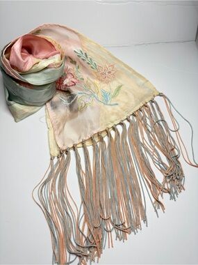 Ditsy Silk Embroidered Pastel Fringe Scarf - Multi pastel